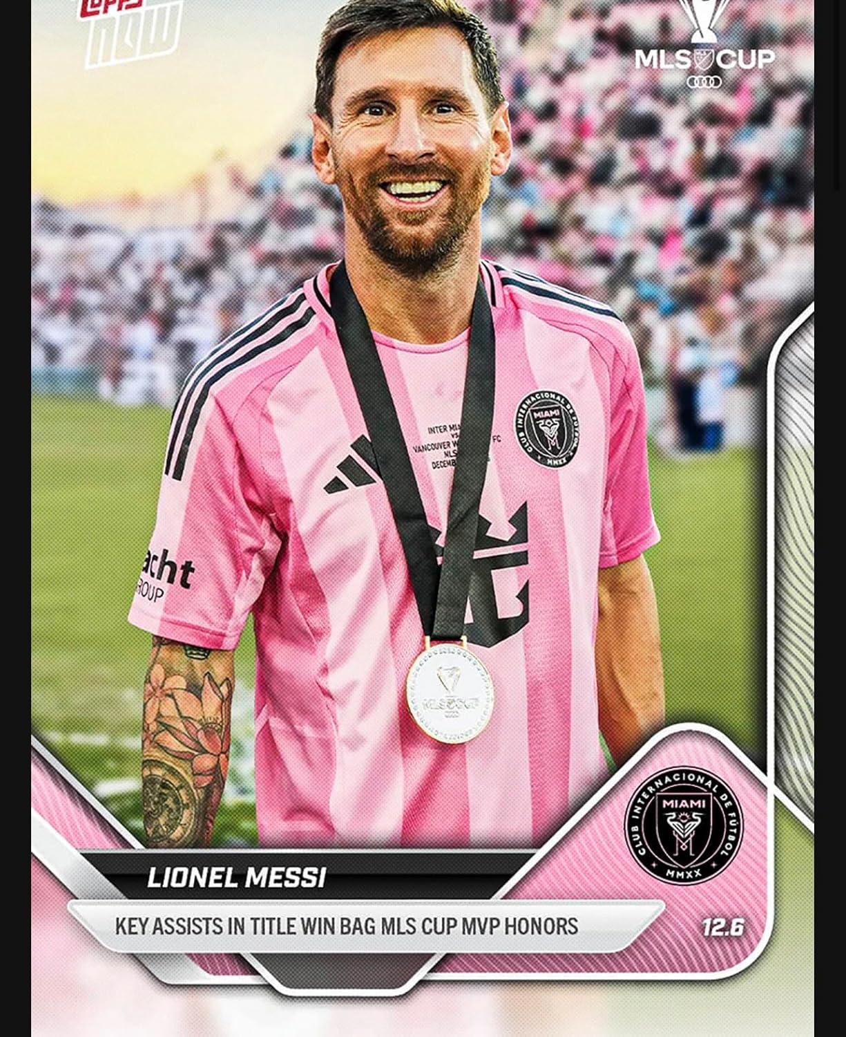 T 나우 리오넬 메시 144 타이틀 우승 가방 MLS컵 MVP 영예의 핵심 어시스트 축구 트레이딩 카드 인터 마이애미 CF 9015만 제작됨 보호 나사산 홀더에 됨.