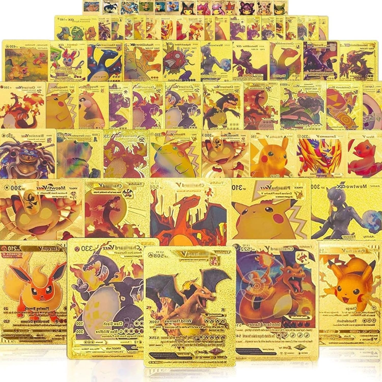55 PCS 골드 포일 카드 수집용 세트 희귀 홀로그램 게임 덱 박스 골든 팩 팬 및 수집가를 위한 선물