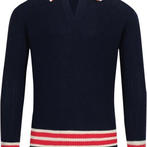 남성용 OXKNIT 니트 긴팔 폴로 셔츠 1960년대 레트로 다크 블루 V넥 풀오버 스웨터 레드 화이트 스트라이프