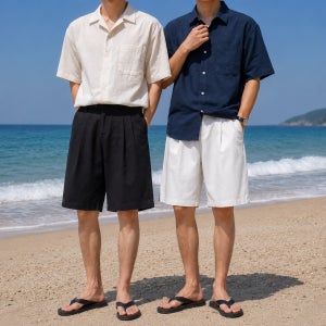 1+1 남자 버뮤다팬츠 윈턱 코튼 남성 학생 7부 면 반바지 휴가철 여행