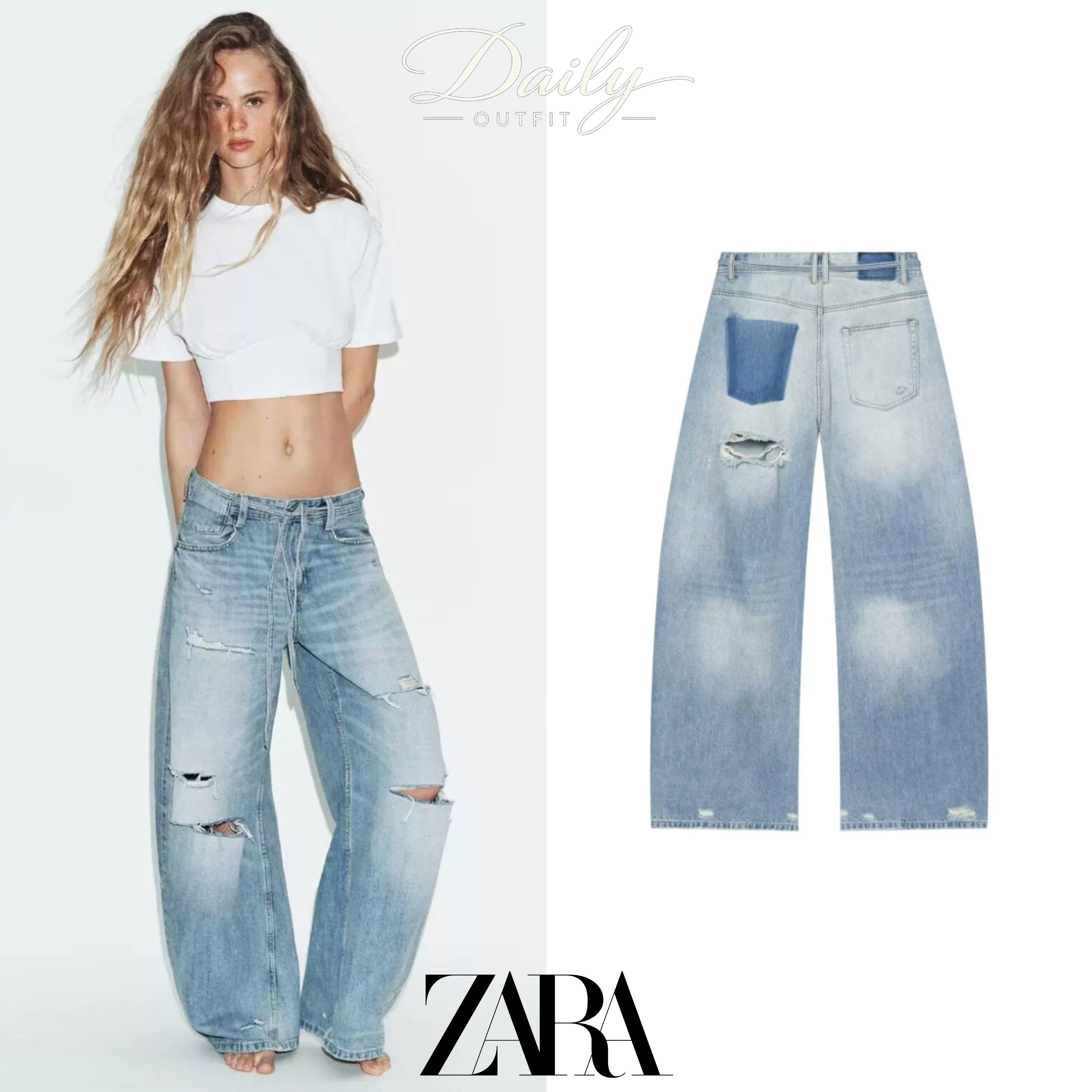 ZARA 자라 여성 중청 디스트로이드 와이드 데님 팬츠 4730041
