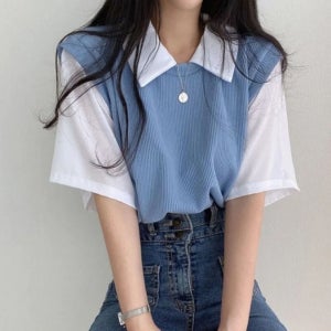 레이어드 여자 카라 티셔츠 니트 베스트 여성 반팔티