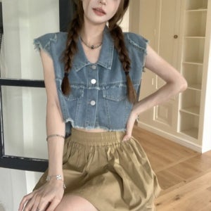 수입 데님 크롭 베스트 밴딩 플레어 미니스커트 투피스 여름 셋업