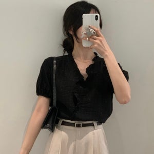 [당일배송 블랙] 멜리 여름 하객룩 반팔 프릴 블라우스