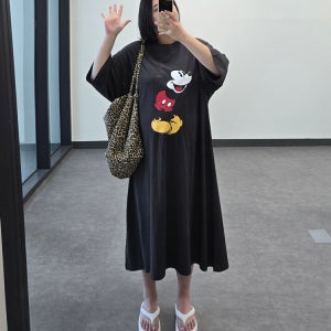 [한정수량 SALE] 여름 디즈니 미키마우스 오버핏 라운드 A라인 빅사이즈 캐주얼 홈웨어 플레어 반팔 롱 원피스