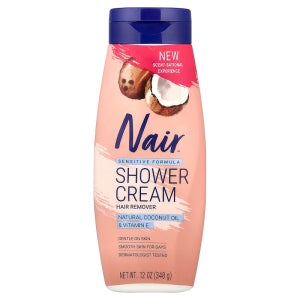 Nair 샤워 크림 헤어 리무버 민감한 포뮬라 천연 코코넛오일 비타민E 340g, 1개