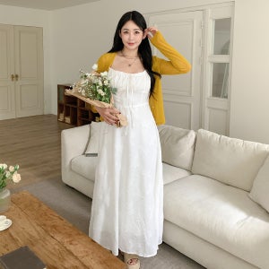 빅사이즈 순백여리원피스 포인트가디건 뷔스티에 스모크 롱원피스 브이넥 가디건 세트