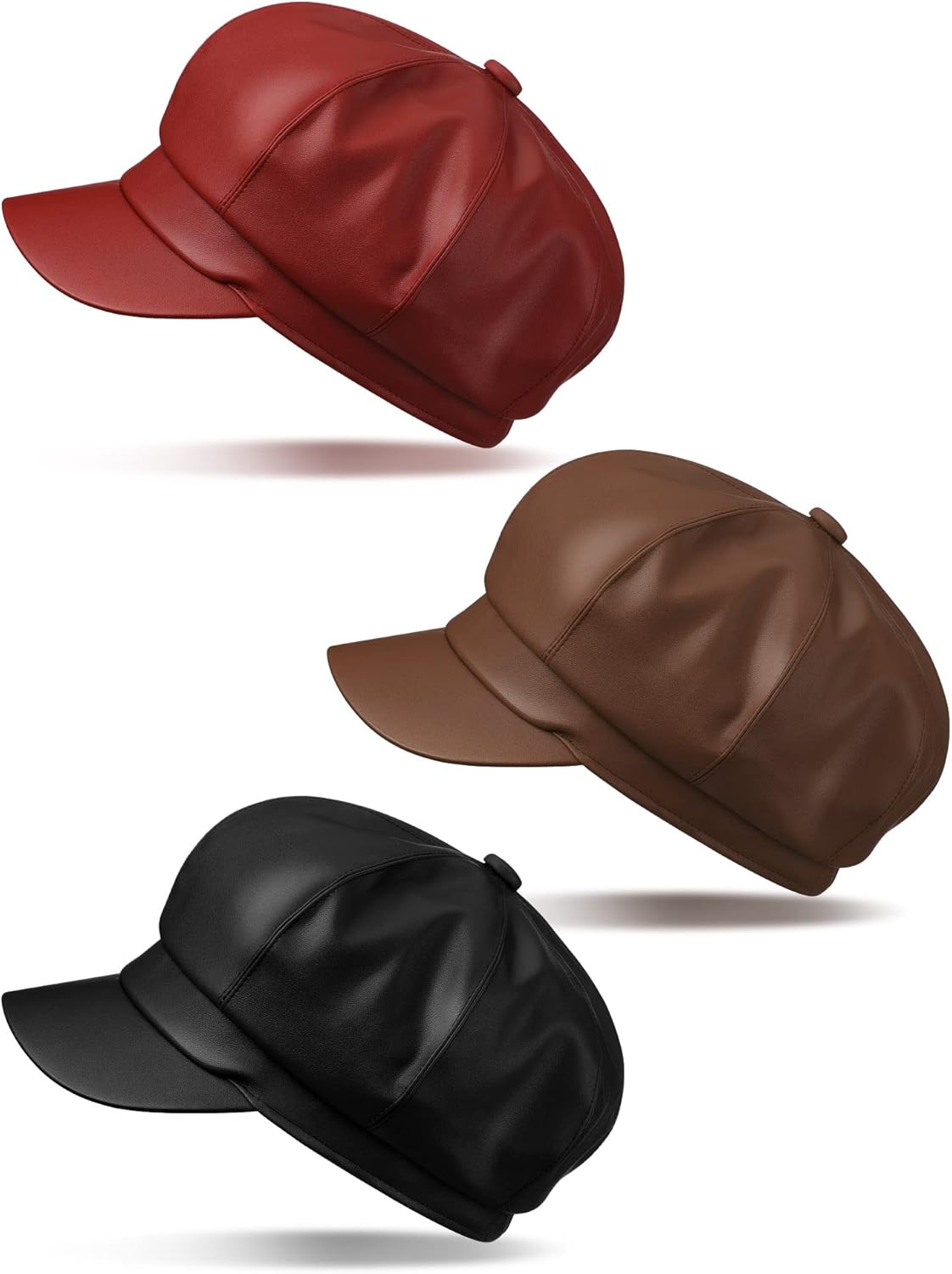 Funtery 3pcs 여성 뉴스보이 모자 PU 가죽 바이저 베렛 캐비 8 패널 빈티지 피들러 캡 인조 베이커 Khaki Red and Black