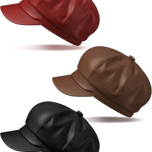 Funtery 3pcs 여성 뉴스보이 모자 PU 가죽 바이저 베렛 캐비 8 패널 빈티지 피들러 캡 인조 베이커 Khaki Red and Black