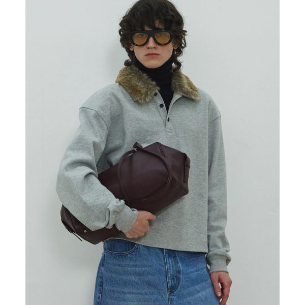 MOONSUN Belted Leather Bowling Bag Burgundy