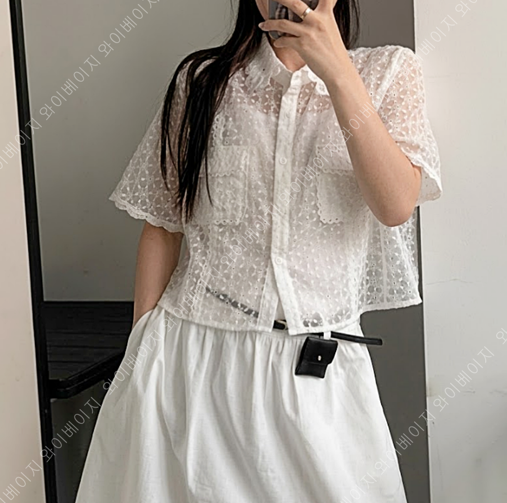 펀칭 레이스 꽃자수 시스루 셔츠블라우스 화이트 여름 반팔 블라우스