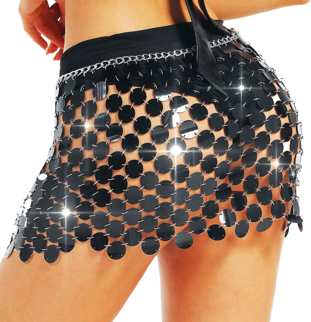 Aukmla Sparkly Sequin Chainmail 미니 스커트 도트 벨리 댄스 힙 디스코 콘서트 여성용 허리 체인 Black One Size