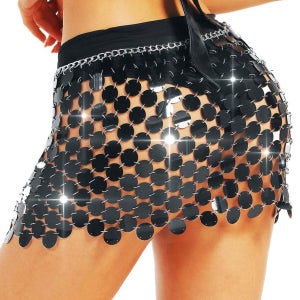 Aukmla Sparkly Sequin Chainmail 미니 스커트 도트 벨리 댄스 힙 디스코 콘서트 여성용 허리 체인 Black One Size