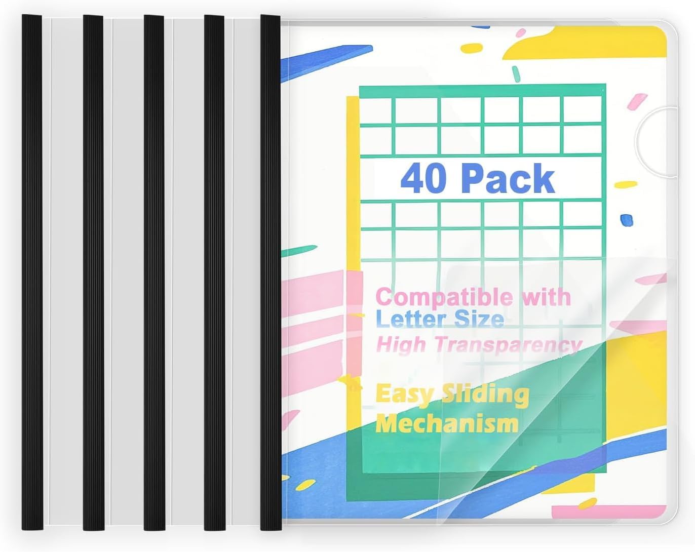 슬라이딩 바가 있는 TOTIyea 40 팩 클리어 <b>리포트</b> 커버 5mm(25장 용량) 검은색 바 파일 폴더 글자 크기용 5mm-Black 40