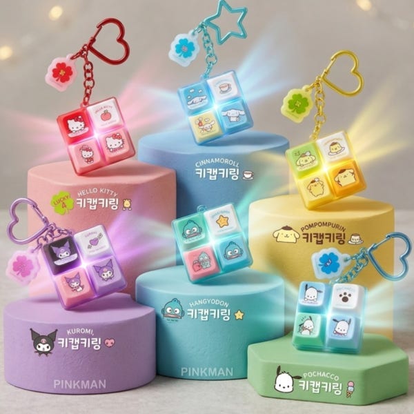 산리오 키캡 키링 4구 LED 럭키 cu 키티 시나모롤 포차코 쿠로미 한교동 랜덤