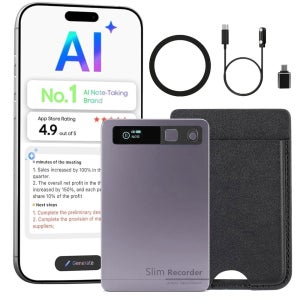 AI, 앱 제어, 회의 및 통화용 64GB 오디오 레코더로 전사 요약, 152개 언어 지원, 초슬림 노이즈 감소 레코더, 케이스 포함, 그레이