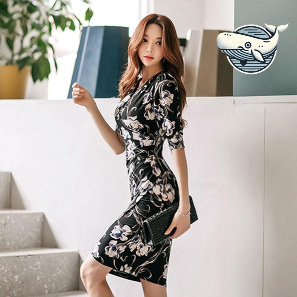 여름 휴양지 필수품 슬림핏 꽃무늬 원피스 미디 블랙 44-55