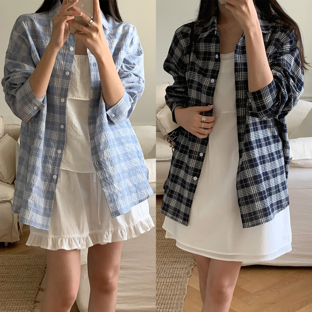 여성 루즈핏 빈티지 케이 체크 남방 셔츠 (스카이블루 네이비)