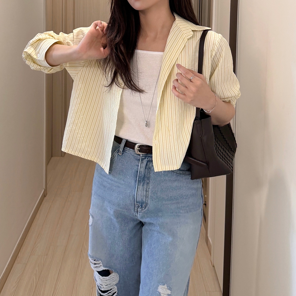 여름 긴팔 크롭 시어서커 셔츠 단가라 숏 시원한 얇은 남방 연노랑 소라색 화이트