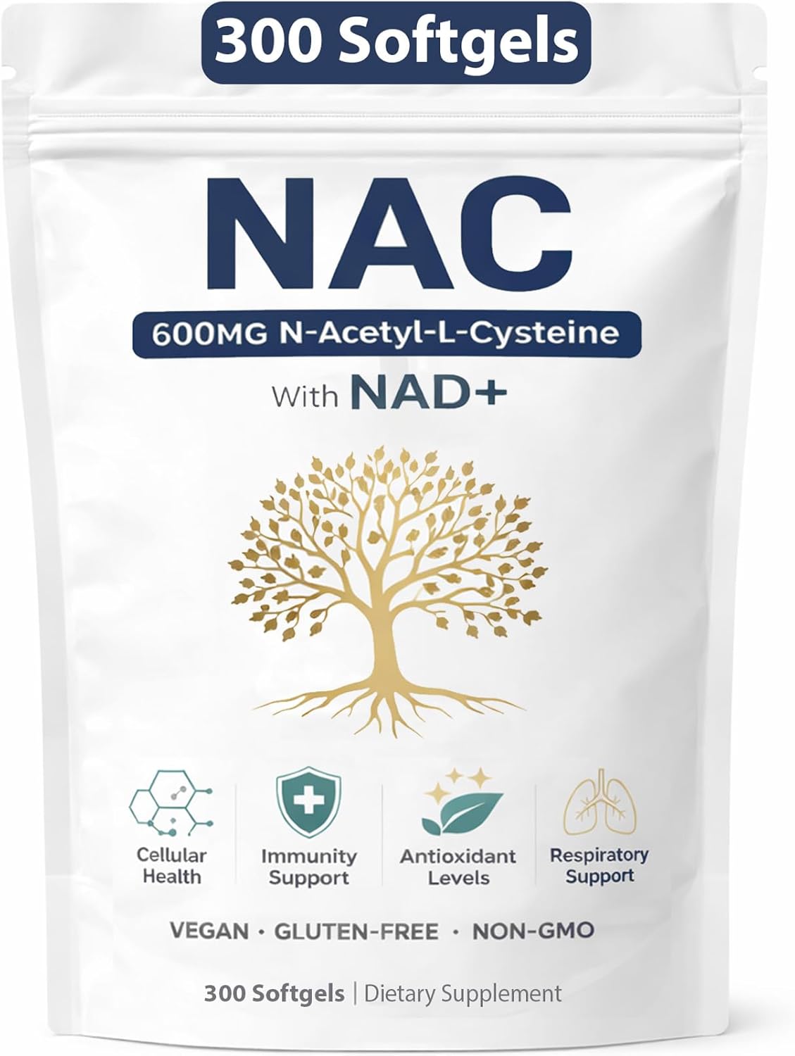 스탠다드 랩 NAC 600mg 및 NAD 데일리 콤플렉스 세포 폐 건강 수준 면역 지원을 위한 NAD+가 함유된 유기 보충제 N아세틸 시스테인 캡슐 비GMO 300개의 소프트젤