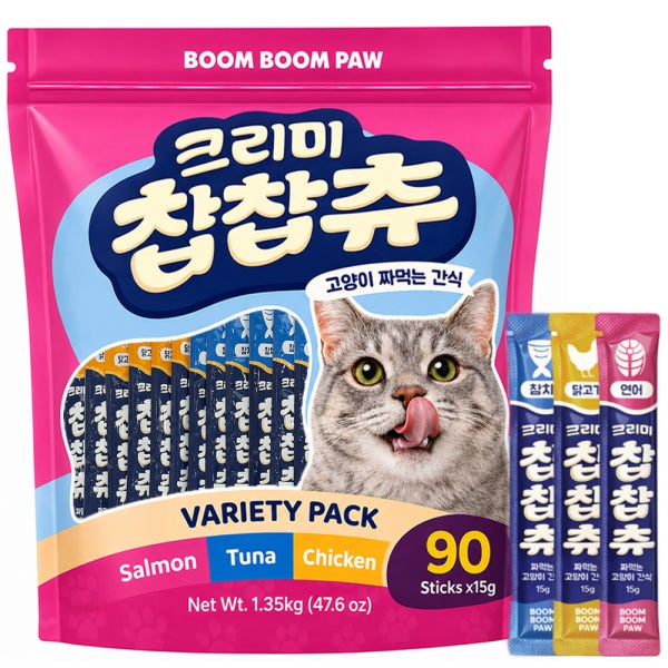 붐붐포 고양이 짜먹는 간식 츄르타입 크리미 찹찹츄 대용량 90개 혼합맛 치킨+참치+연어