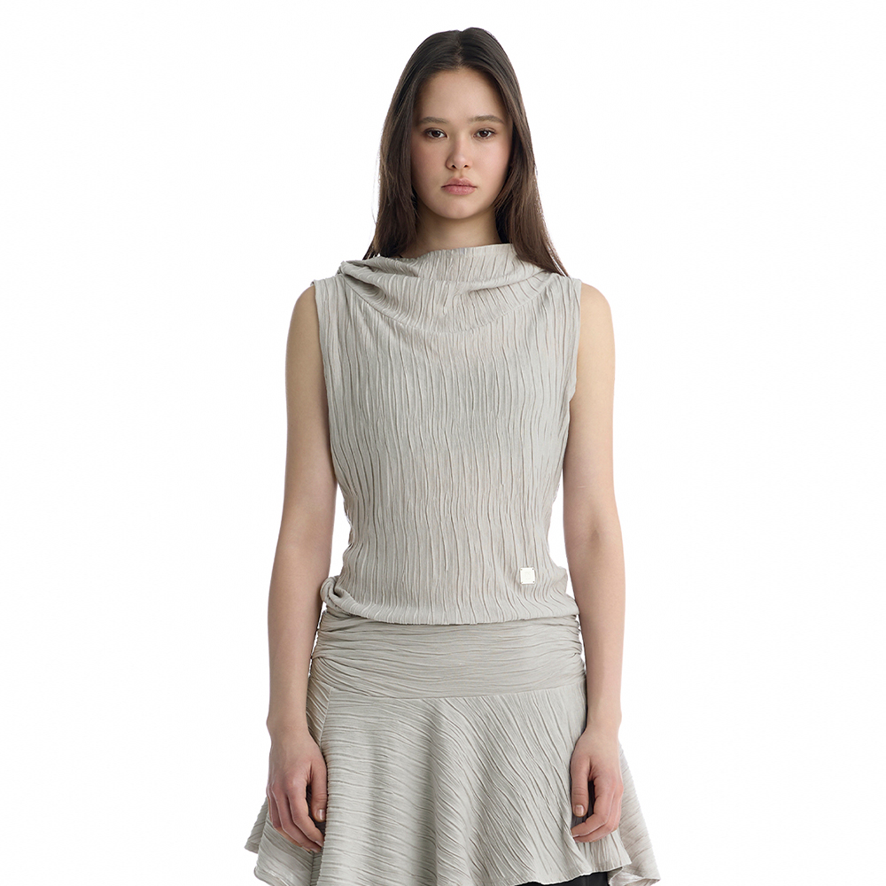 [트리밍버드]Crinkle Draped Hooded Sleeveless Dress [ Beige ]
