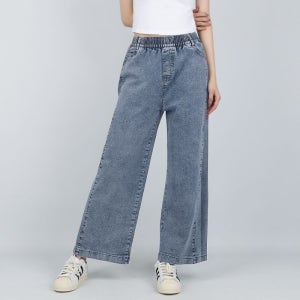 코너스톤 여성 청바지 허리밴딩 옆주름 와이드 미디엄블루 W1D0751