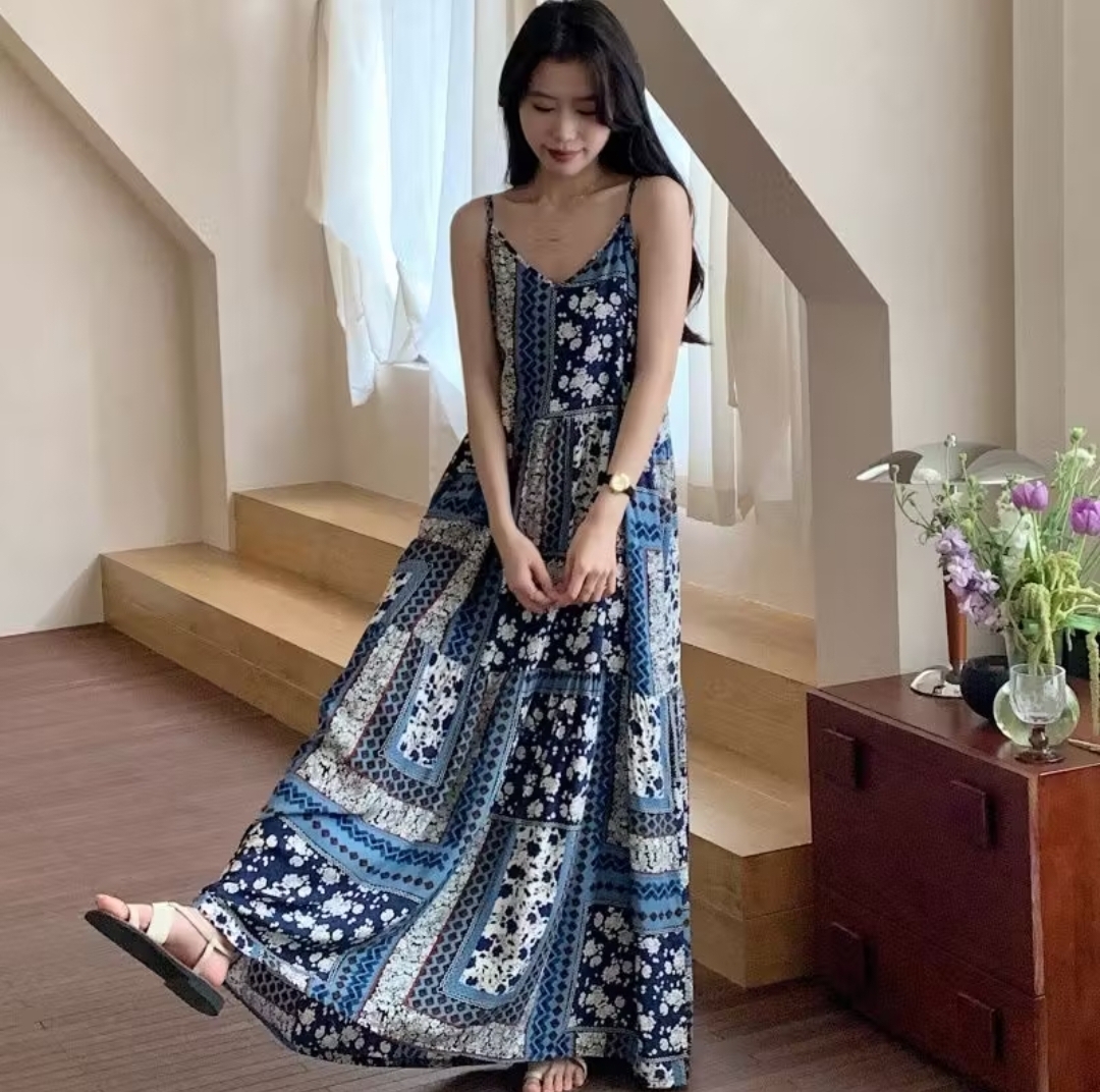 다바럽 여름 민소매 보헤미안 에스닉 롱 원피스 휴양지 리조트 바캉스 휴가 여행 비치 해변