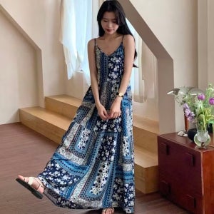 다바럽 여름 민소매 보헤미안 에스닉 롱 원피스 휴양지 리조트 바캉스 휴가 여행 비치 해변