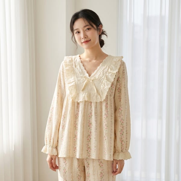 코코부 여성 잠옷 홈웨어 순면 이중 거즈면 요루면 꽃무늬 파자마 세트