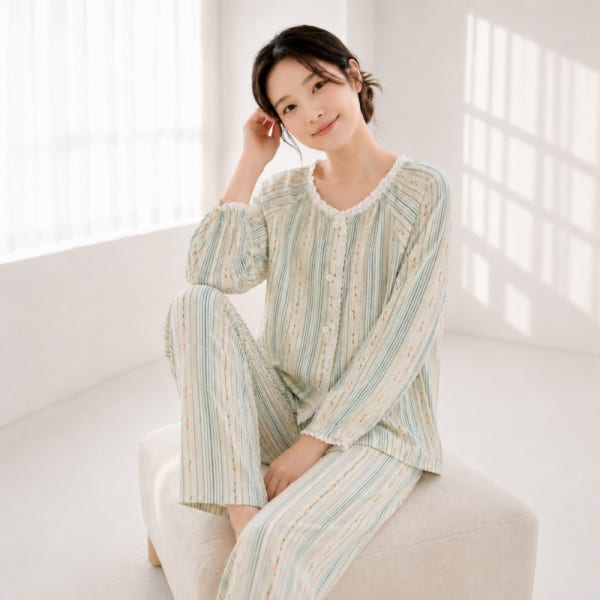 코코부 여성 잠옷 홈웨어 순면 이중 거즈면 요루면 프릴 파자마 세트