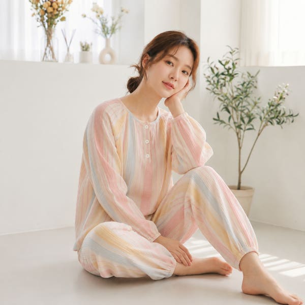 코코부 여성 잠옷 홈웨어 순면 이중 거즈면 요루면 파자마 세트 무지개떡