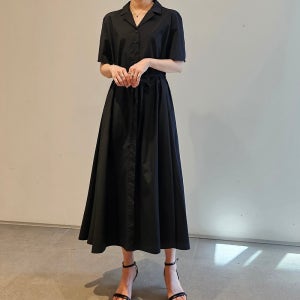 로엘 오픈카라 A라인 플레어 뒷밴딩 원피스 블랙 베이지
