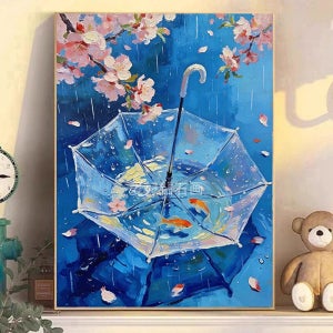사각 보석십자수 레진 스퀘어 네모 비즈 벚꽃 나무 우산 비내리는 봄 풍경 도안 60x75