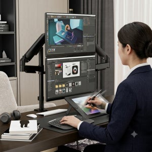 책상 공간 활용 상하 세로 2단 듀얼 모니터암 거치대 32인치 적용