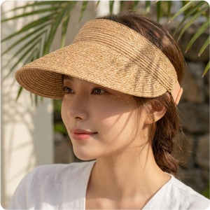 여성 천연 라피아 썬캡 uv 차단 여름 골프 라탄 썬 바이저 모자