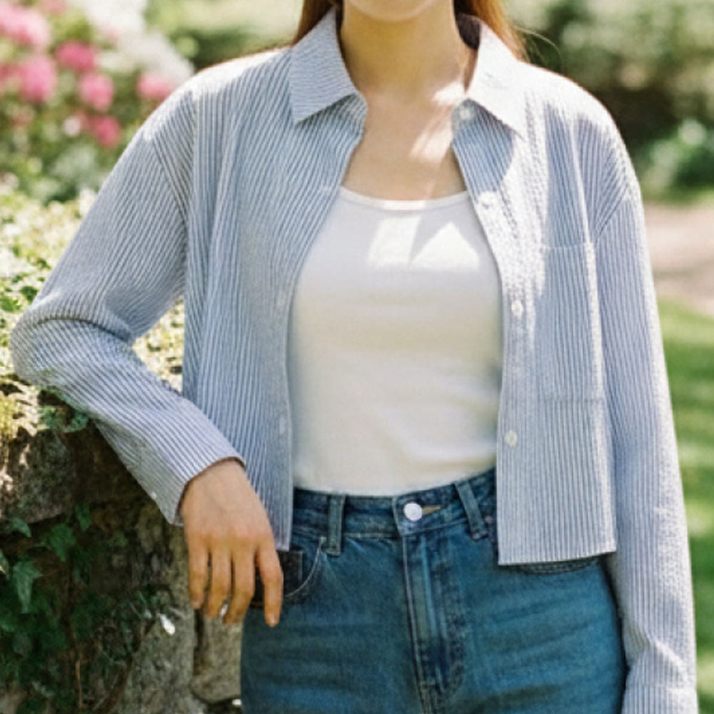 여름 시어서커 크롭 긴팔 셔츠 여성 스트라이프 카라 숏 아우터 블루 화이트