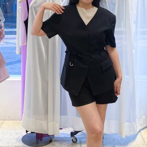 여름 린넨 노카라 벨트 반팔 롱자켓