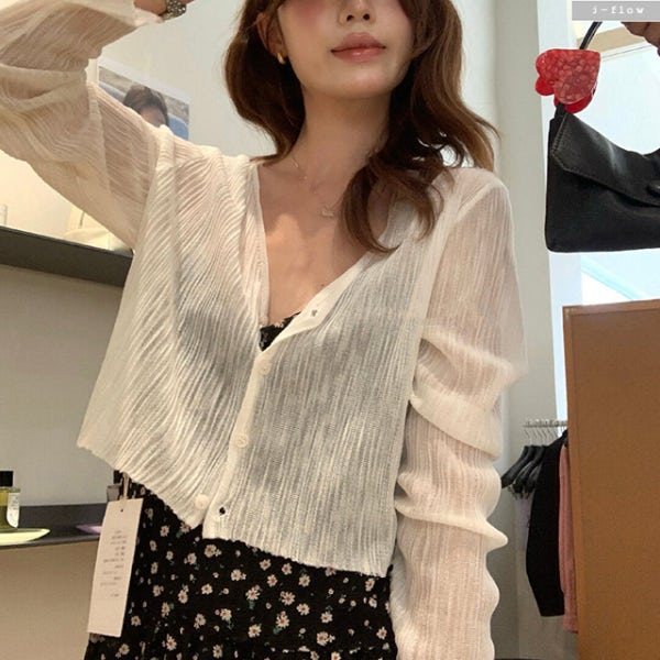 리덴 얇은 골지 브이넥 긴팔 여름 가디건 4col 시스루 살안타템 여리 크롭 제이플로우
