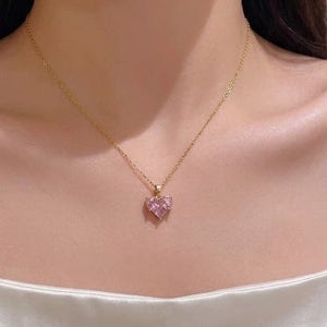 핑크 하트 큐빅 목걸이 여성 골드 체인 목걸이 아르제아
