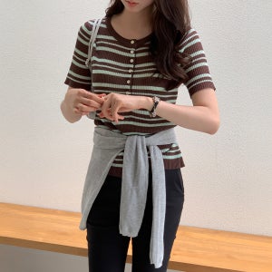 4994 민초 스트라이프 골지 빈티지 반팔 니트