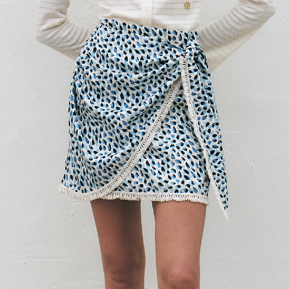 Printed Wrap Mini Skirt, Blue
