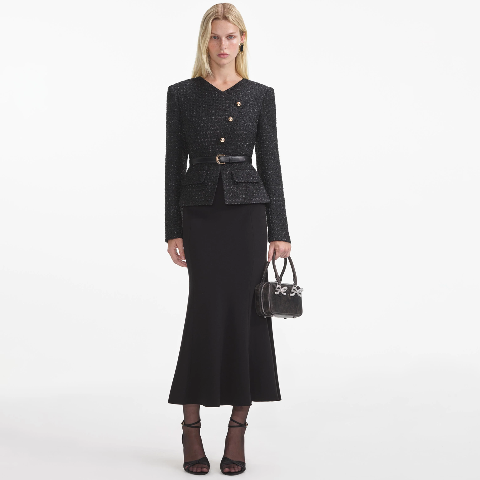 셀프포트레이트 블랙 부클 애시머트리 미디 드레스 Black Boucle Asymmetric