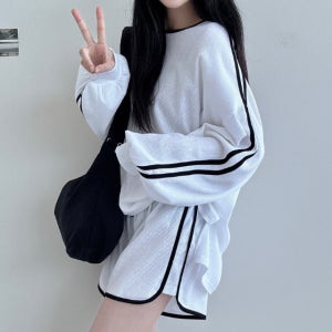 오버핏 캐쥬얼 러프 와플 세트 돌핀 팬츠 트레이닝 긴팔 반바지