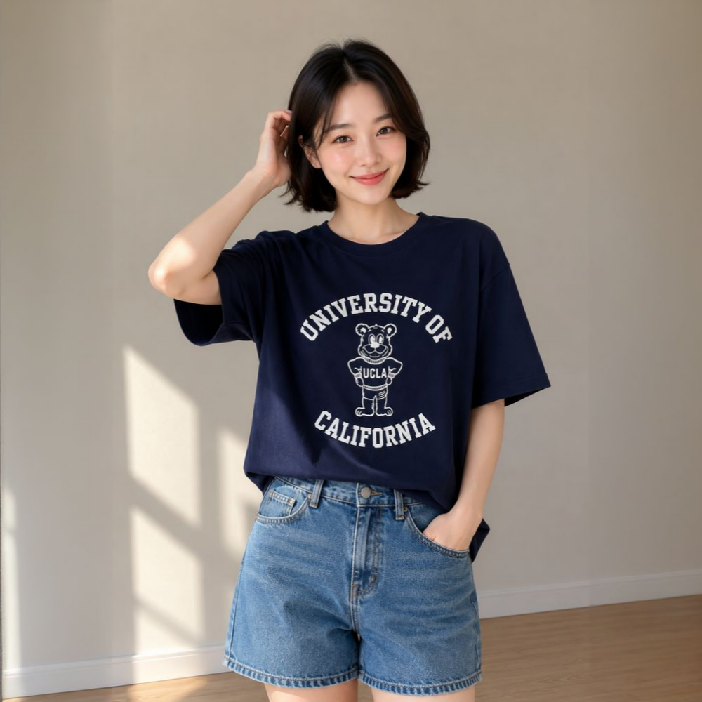 [UCLA 곰 그래픽] 여성 오버핏 반팔티 네이비 그레이 2컬러 데일리 캐주얼 티셔츠