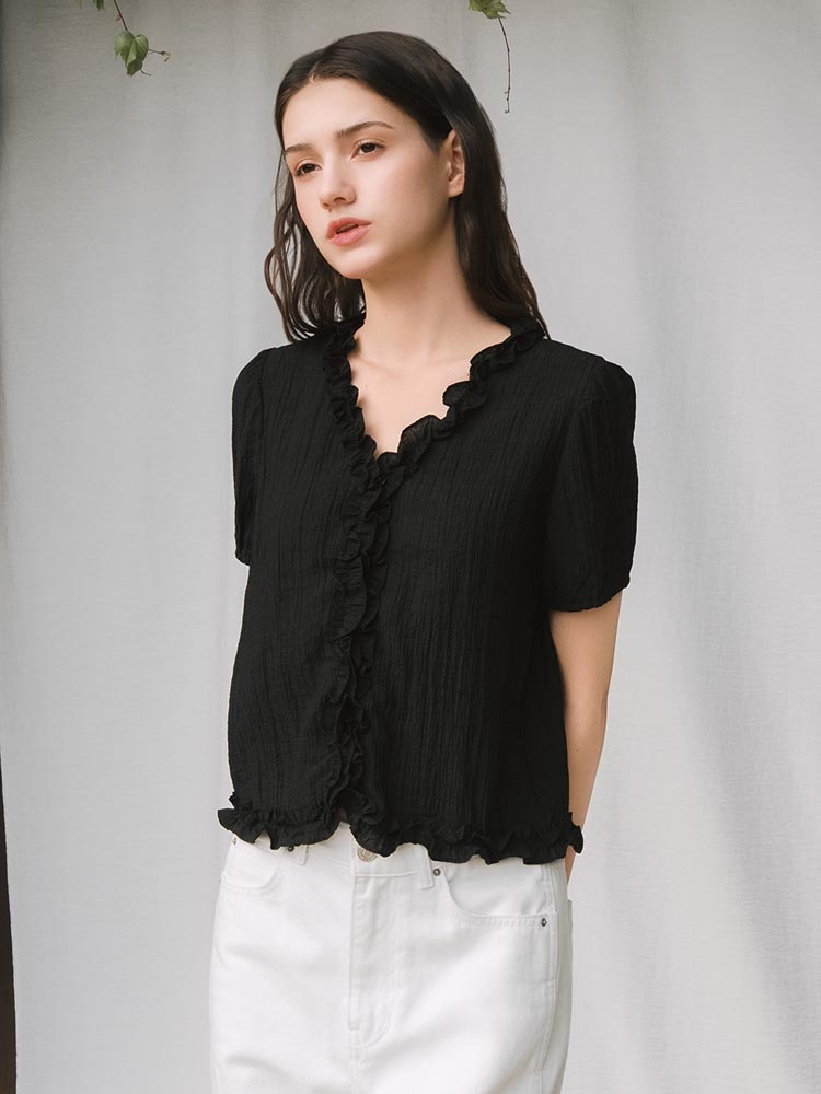 언에디트 Frill Detail Seersucker Puff Blouse