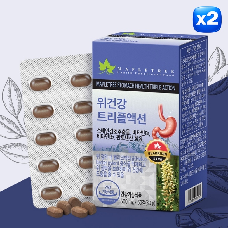 [메이플트리] <b>위건강 트리플액션</b> 500mg 헬리코박터균 억제 위점막보호 60정, 2개