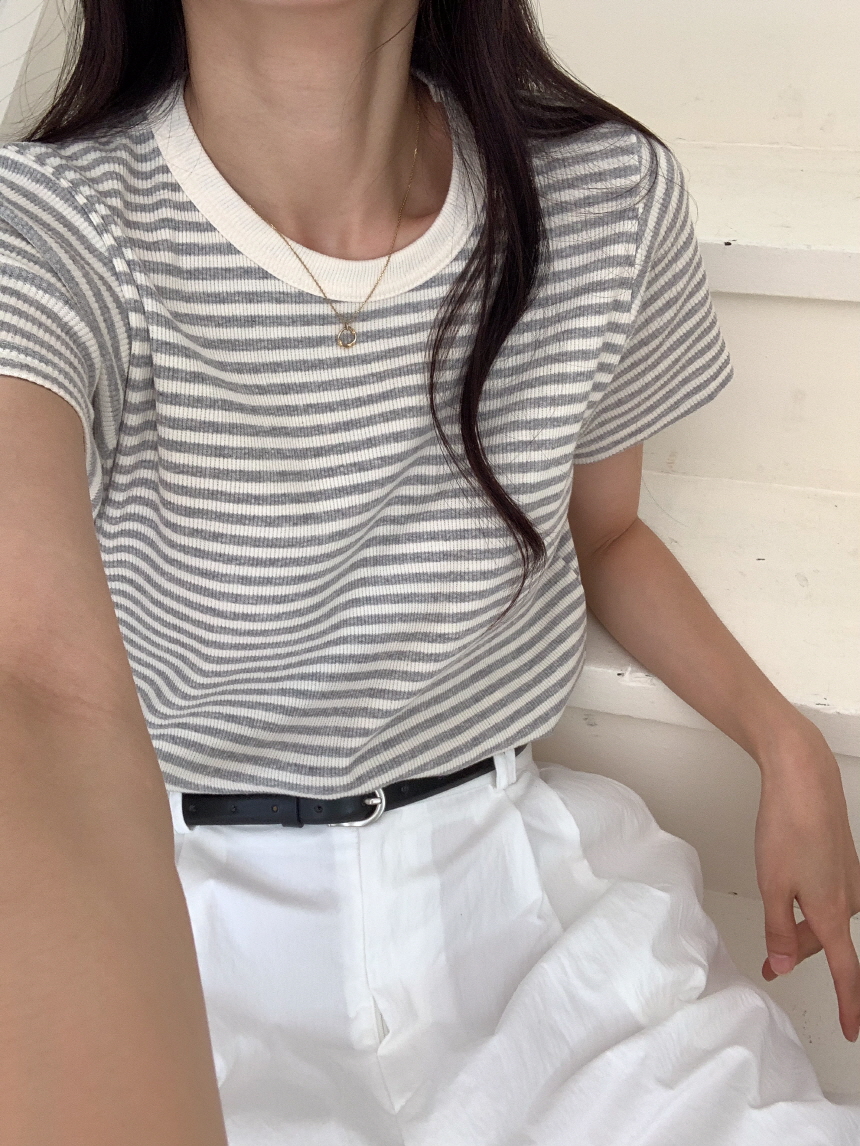 (일부당일) 노아 골지 스트라이프 패턴 데일리 베이직 캐쥬얼 여성 반팔티 t0263