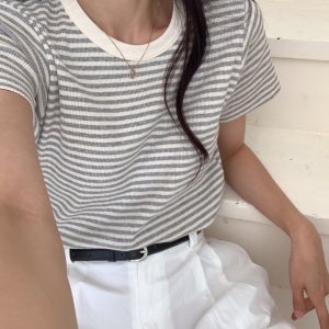 (일부당일) 노아 골지 스트라이프 패턴 데일리 베이직 캐쥬얼 여성 반팔티 t0263