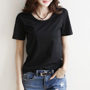 편안한 핏 베이직 컬러 라운드 반소매 티셔츠 v96853